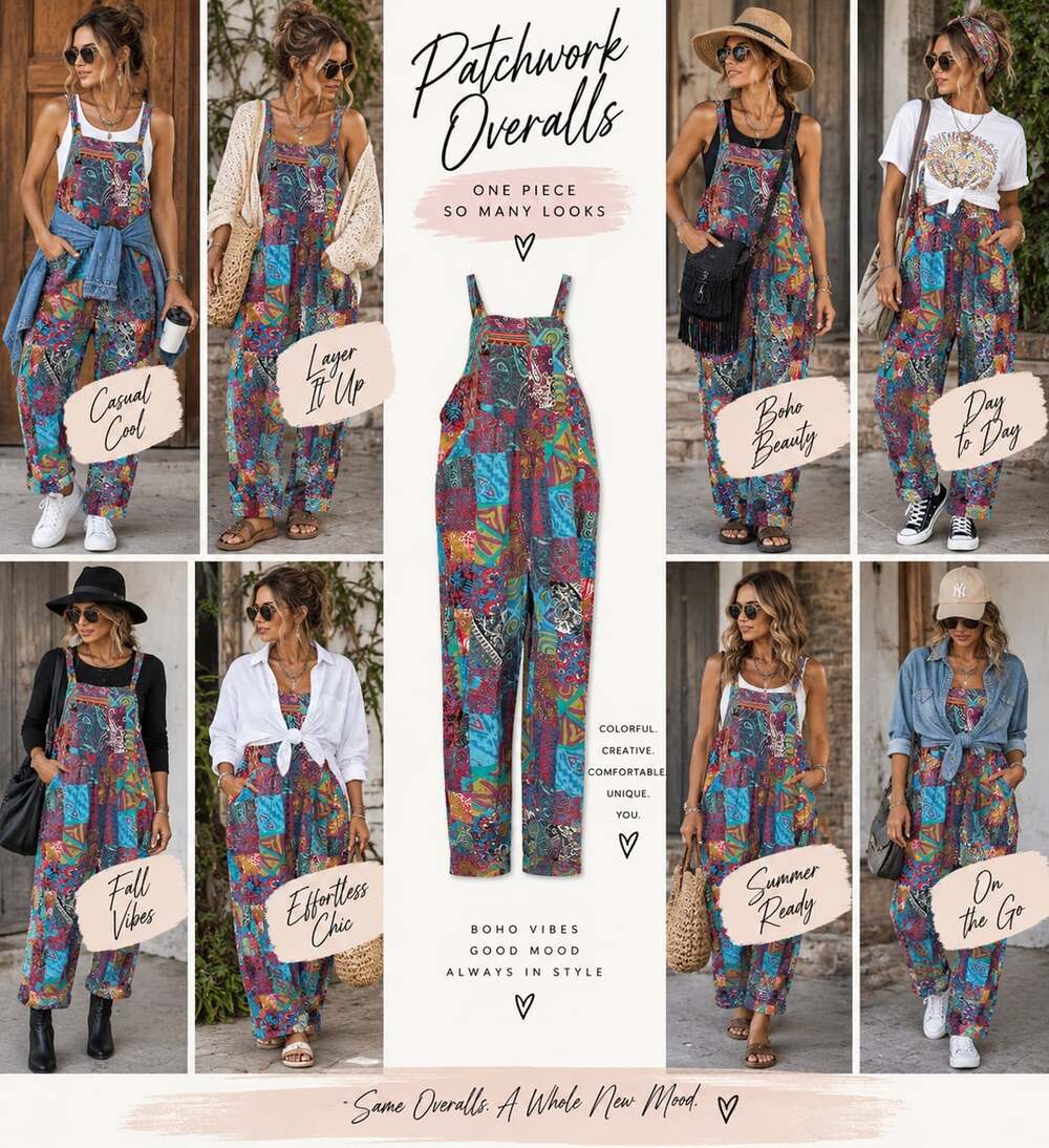 001 Women's Bohemian Patchwork Floral Wide Leg Bib Overalls Jumpsuit